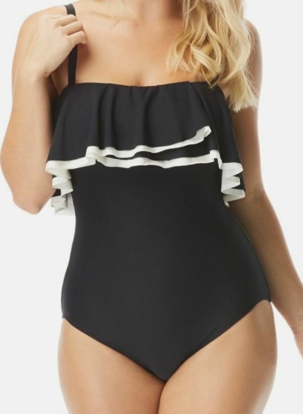 Coco Reef Black Cream Agate Ruffle Bandeau UW One Piece Swim Suit 16 40C NWT